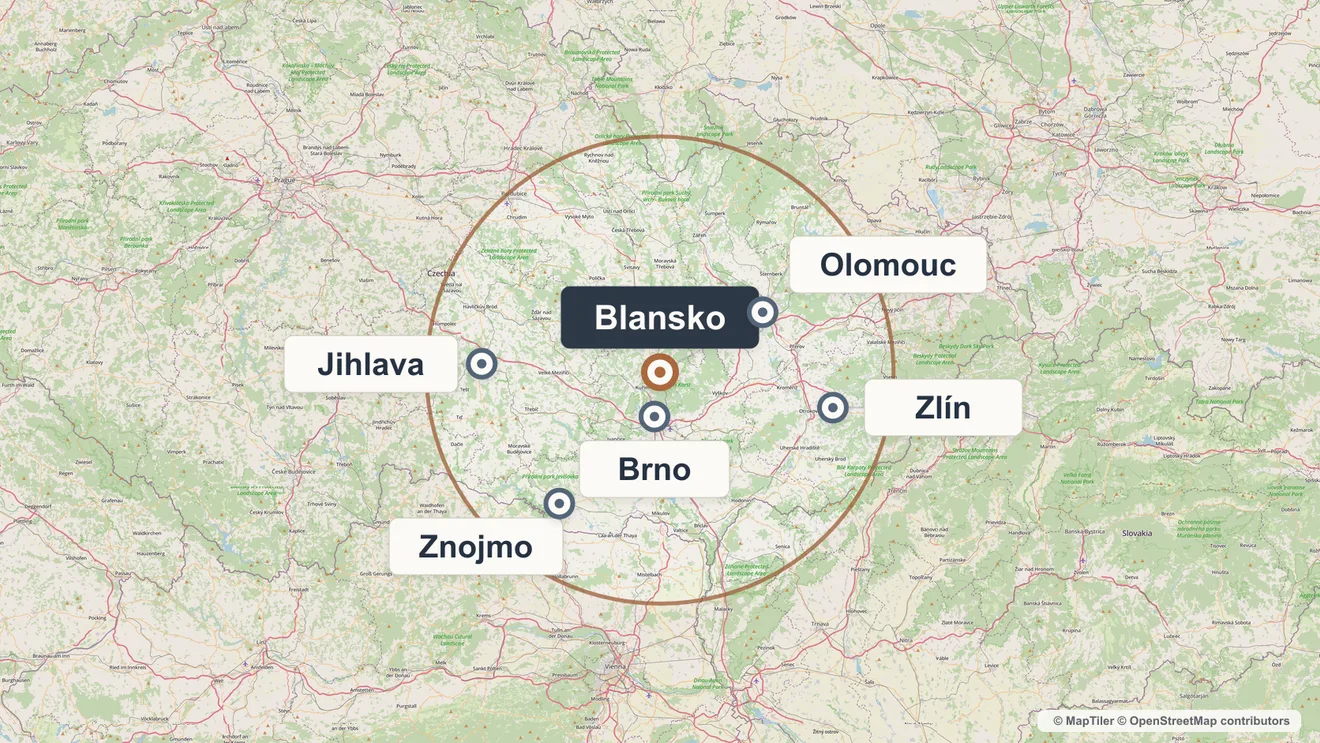 Mapa působnosti do 100 km od Blanska: Jihomoravský kraj a do 100 km od Blanska